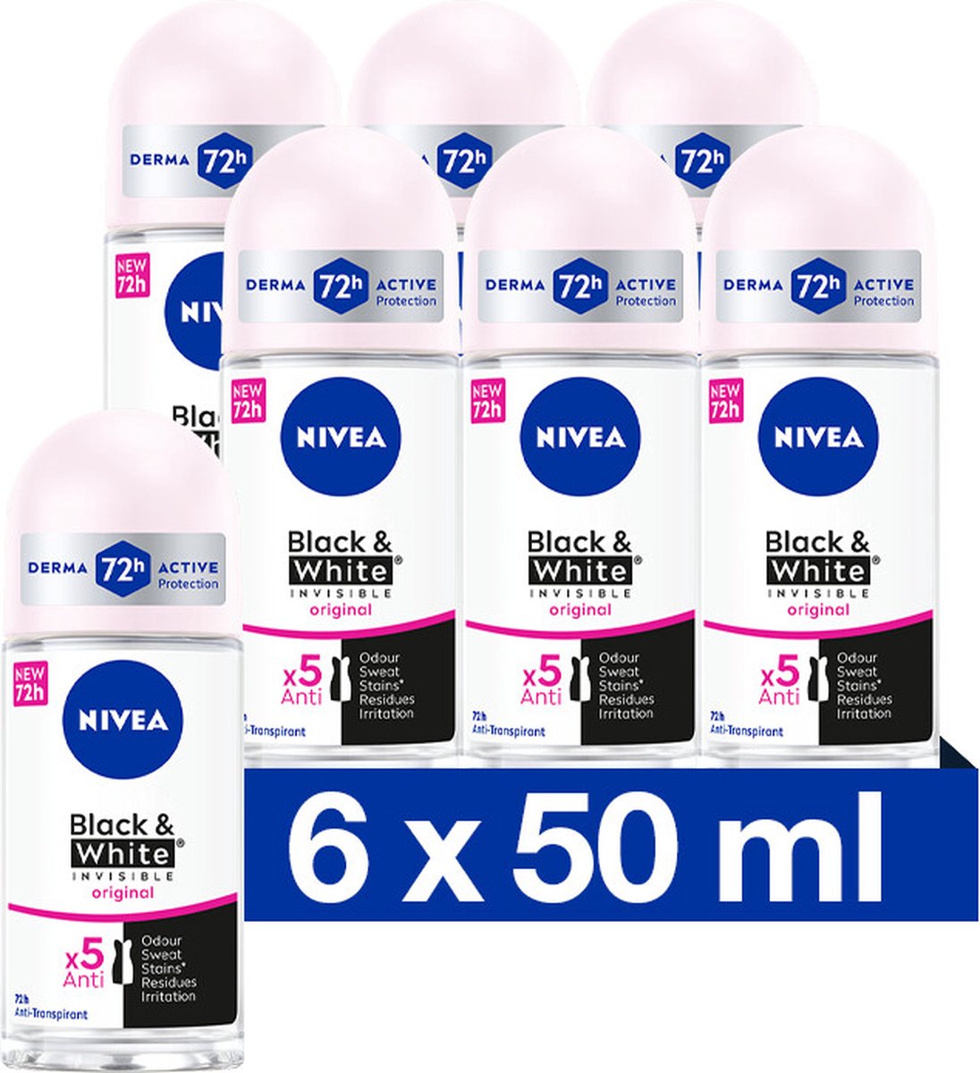 Goedkoopste NIVEA Invisible For Black & White Clear Anti-Transpirant Deo Roller - Geen witte of gele strepen - Deodorant Beschermt 72 uur - 6 x 50 ml - Voordeelverpakking