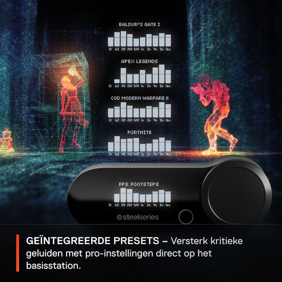 Steelseries Nova Pro basisstation met game presets voor PC, met hologrammen van game karakters.