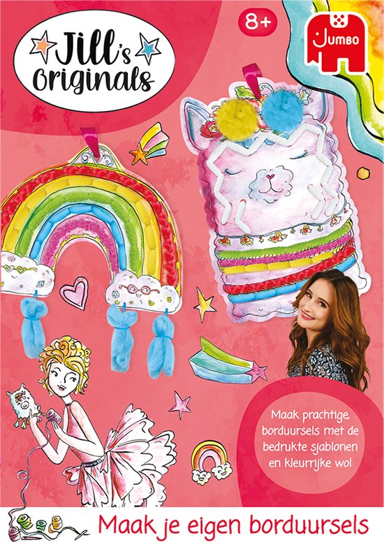 Doos met borduurpakketten: regenboog, lama, ruimteschip. Met meisje dat danst. Tekst: "Maak je eigen borduursels".