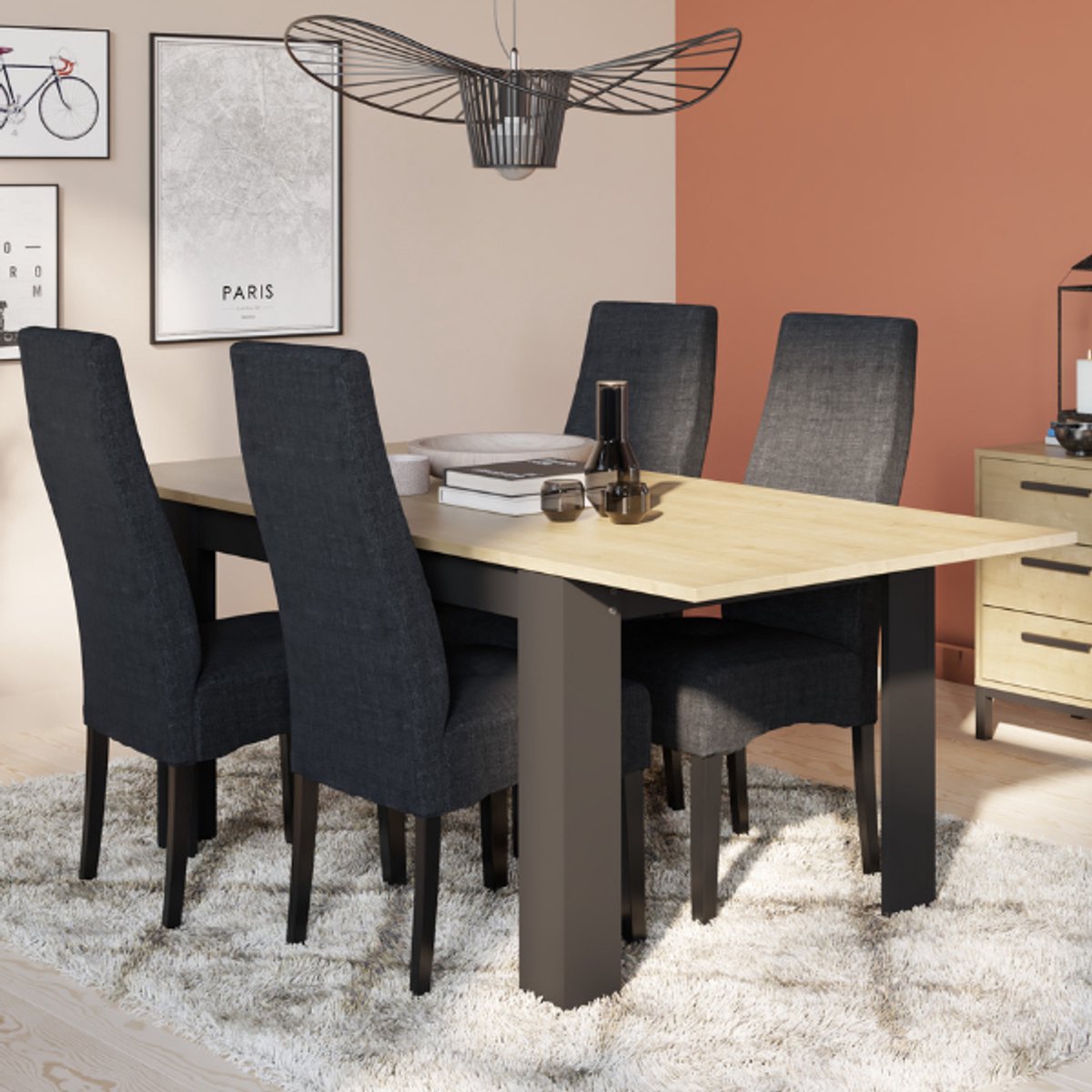 Verlengbare Eettafel Craig 160/200 X 90 Cm-Hamilton Eik/matzwart