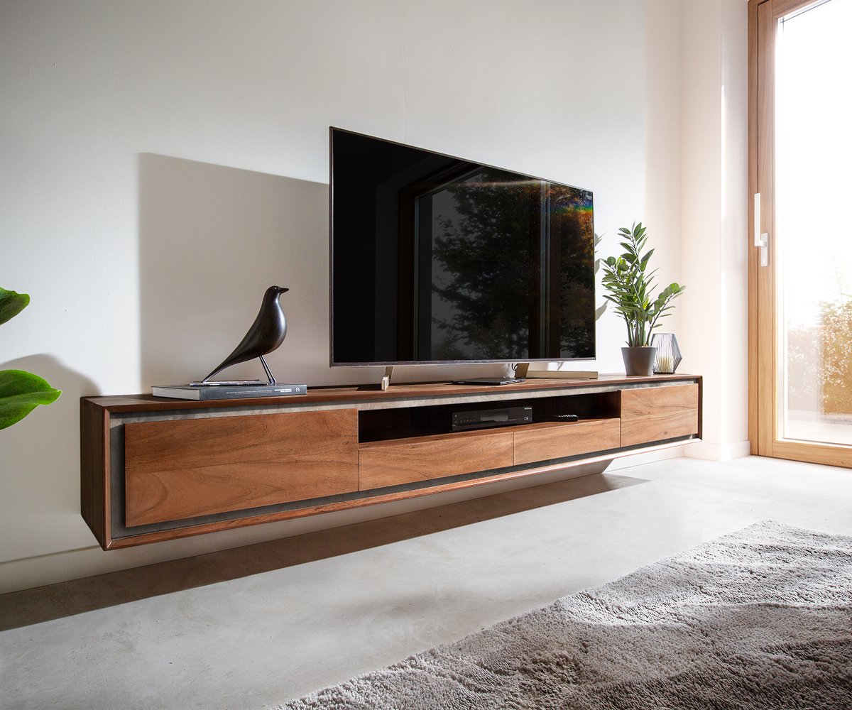 Tv-meubel Stonegrace acacia bruin 240 cm steenfineer 2 deuren 2 laden 1 legplank zwevend T