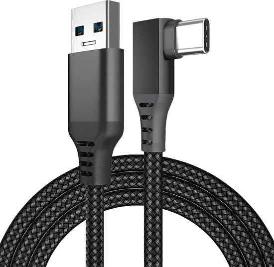 MMOBIEL VR Link Kabel USB Geschikt voor USB-C voor Meta Quest 3 / Quest 2 / Pro / Pico 4 en PC / Steam VR - 90 Graden Type-C Nylon Gevlochten Kabel voor VR Headset Gaming - 5m - Zwart