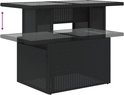 Table en rotin noir avec plateau en verre, hauteur réglable.
