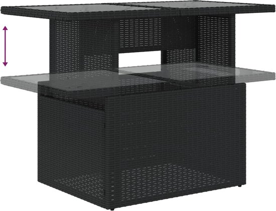 Table en rotin noir avec plateau en verre, hauteur réglable.