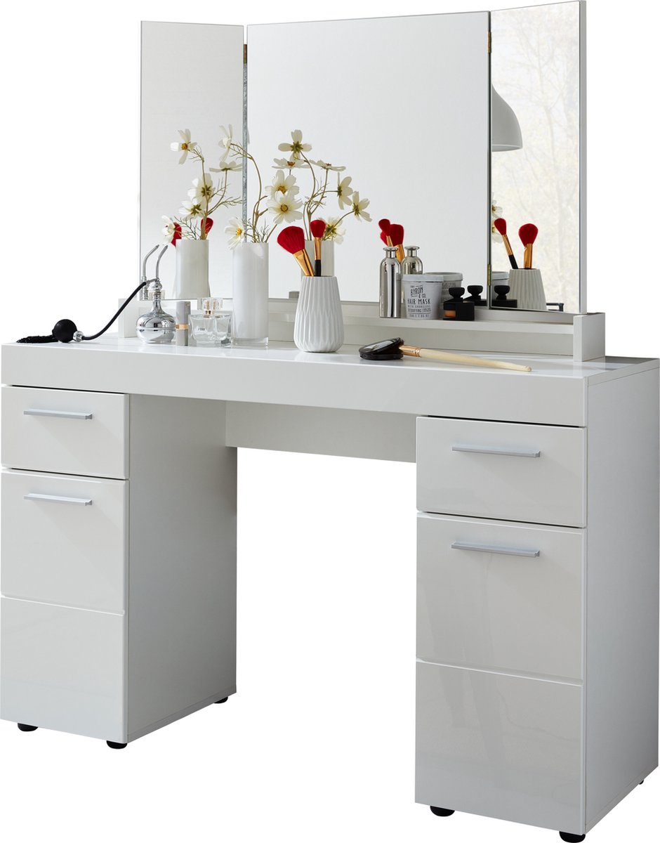 Bureau- en Kaptafel Amanda met Spiegel | 120 x 41 x 141 cm | Melaminegecoat | High Glossy White