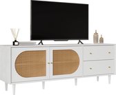 Merax Praktischer Weißer TV-Schrank mit Echtholzfüßen und viel Stauraum - 2 Schubladen, 2 Türen mit stilvollem Rattandesign für Ihre Unterhaltungselektronik