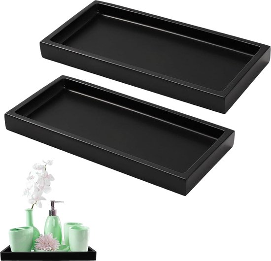2 stuks zwarte badkamerdecoratie, dienblad zwart, badkamer dienblad, geschikt voor badkamerwerkblad, wastafel, toiletten (zwart)