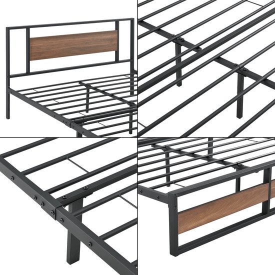 In And OutdoorMatch Metalen bed Vanessa - Bedframe - 140x200 cm - Zwart en Walnoot - Modern design