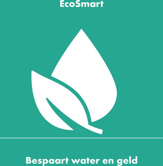 Symbool van een waterdruppel en een blad, met tekst 'EcoSmart' en 'Bespaart water en geld'.