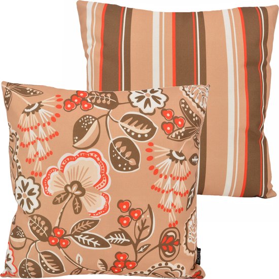 Sierkussen Flower / Stripe - Beige | Outdoor / Buiten Collectie | 45 x 45 cm | Katoen