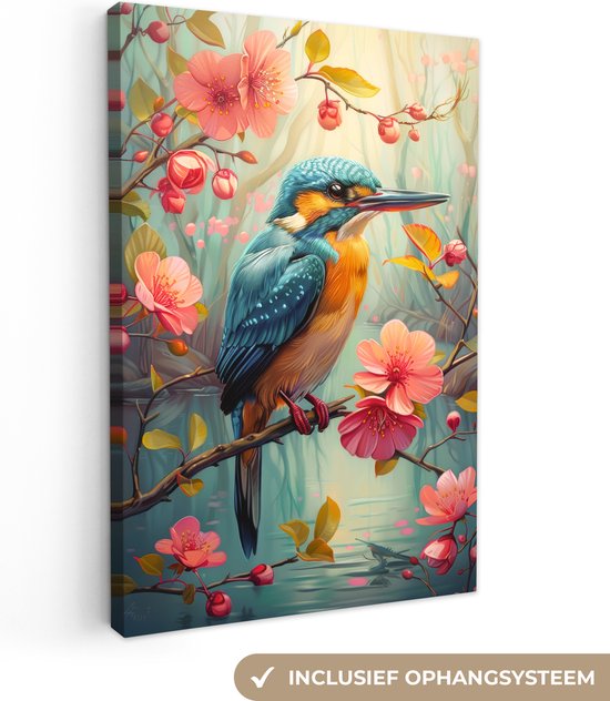 Canvas schilderij 40x60 cm - Wanddecoratie IJsvogel - Bloesem - Natuur - Vogels - Bloemen - Muurdecoratie woonkamer - Slaapkamer decoratie - Kamer accessoires - Schilderijen