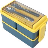 Kleine Geel & Blauwe Lunchbox - 1400ml - Met servies en vakjes x3 - Geschikt voor rijst, noodles, groente, vlees en meer! - Voor kinderen en volwassenen - Geel & Blauw