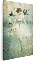 Artaza Canvas Schilderij Vrouw in een Witte Jurk met Vogels die Om haar Heen Vliegen - 20x30 - Klein - Foto Op Canvas - Canvas Print