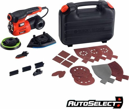 Oranje en zwarte BLACK+DECKER multischuurmachine met accessoires en opbergkoffer. 'Autoselect' logo zichtbaar.