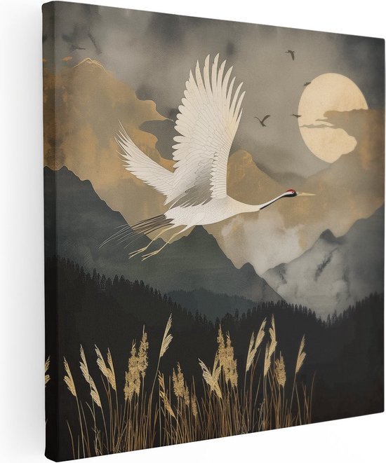 Artaza Canvas Schilderij Witte Kraanvogel Vliegt 's Nachts over een Veld met Riet - 90x90 - Groot - Foto Op Canvas - Canvas Print