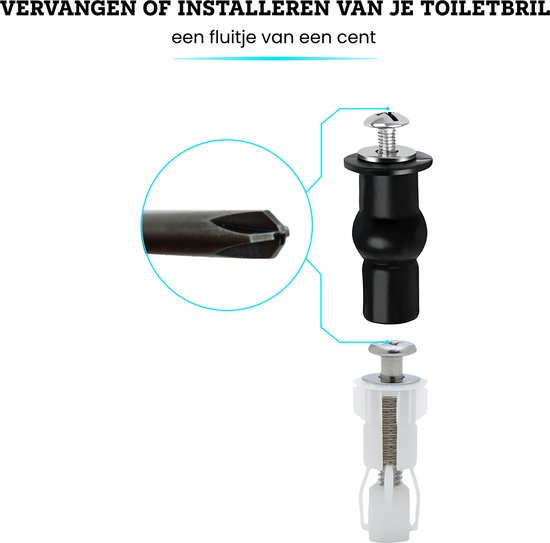 Close-up van de schroefdraad van een schroevendraaier en een toiletbril scharnier met zwarte rubberen en witte plastic inzetstukken.