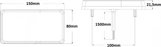 Technische tekening van een achterlicht met afmetingen: 150mm breed, 80mm hoog, 21,5mm dik, met 1500mm kabel en 100mm bevestiging.