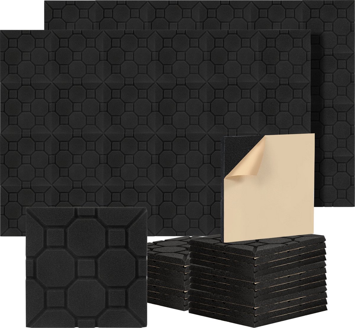 HERTBER -24 stuks geluiddichte schuimpanelen voor muren, zelfklevende gegroefde zwarte akoestische panelen 30 x 30 x 5 cm geluiddichte wandpanelen akoestisch schuim met hoge dichtheid voor