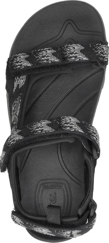 Zwarte Teva sandaal met grijs camouflagepatroon bandjes en grijze zool. Bovenkantaanzicht.