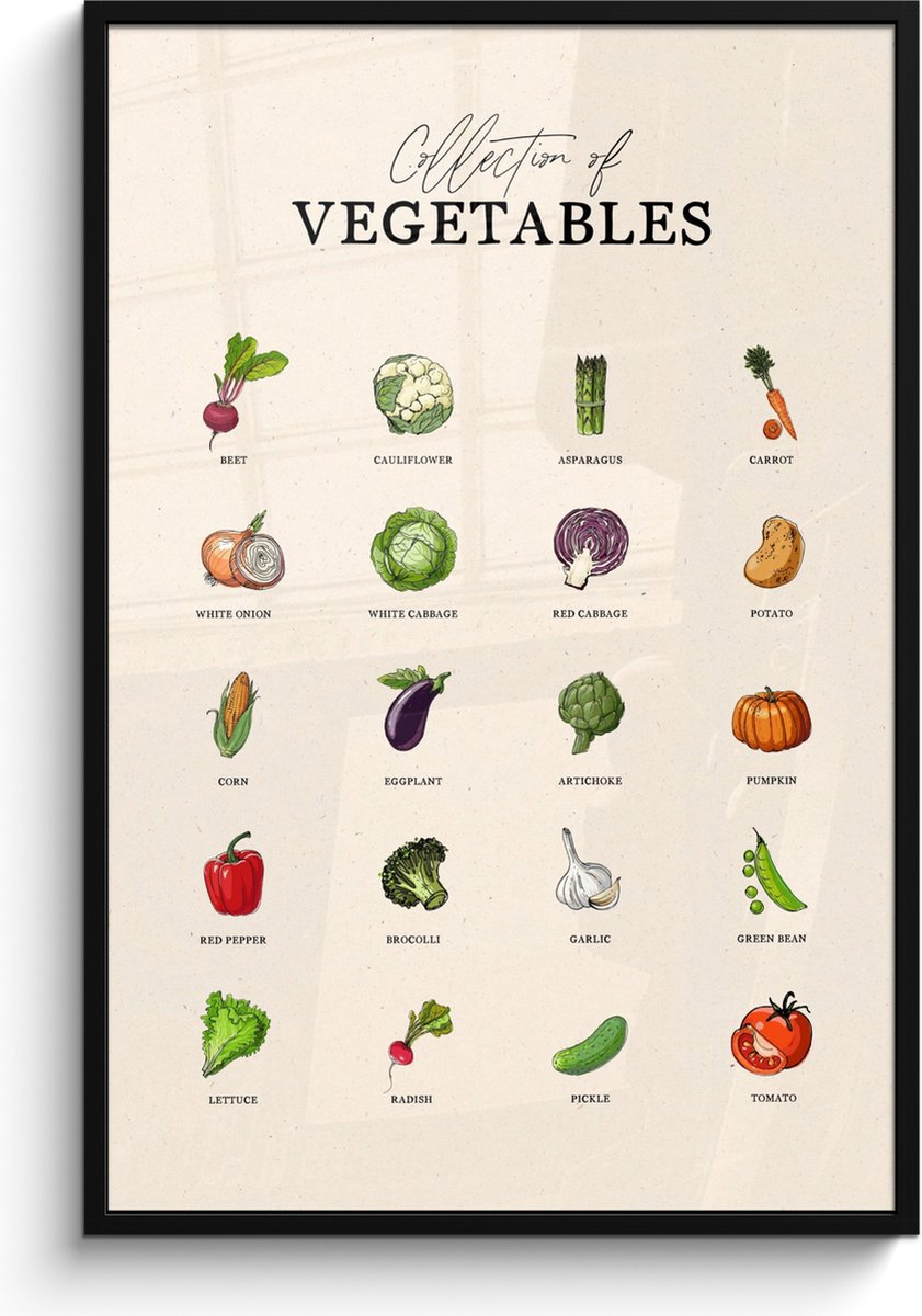 FrameYourWall Fotolijst inclusief poster - Posterlijst 80x120 cm - Posters - Groente soorten - Kleurrijk - Eten - Vintage - Foto in lijst - Keuken decoratie muur - Wanddecoratie accessoires - Muurdecoratie - Schilderijen Groente - Overzicht