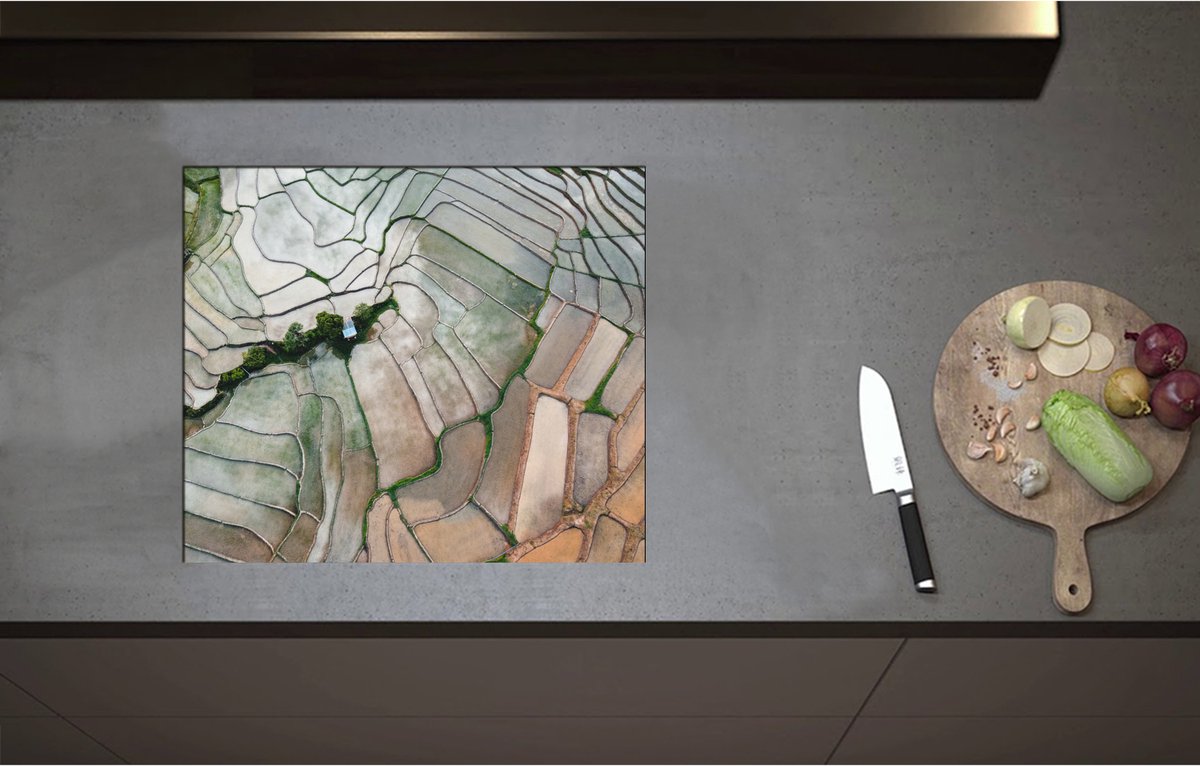 Inductieplaat Beschermer - Bovenaanzicht van de Rijstvelden van Vietnam - 58x50 cm - 2 mm Dik - Inductie Beschermer - Bescherming Inductiekookplaat - Kookplaat Beschermer van Wit Vinyl