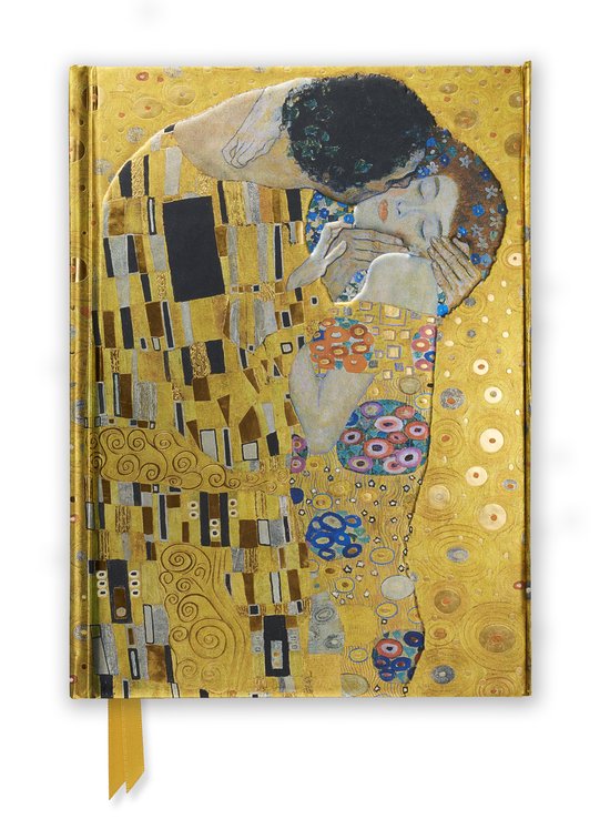 Gouden notitieboek met de afbeelding 'De Kus' van Gustav Klimt.
