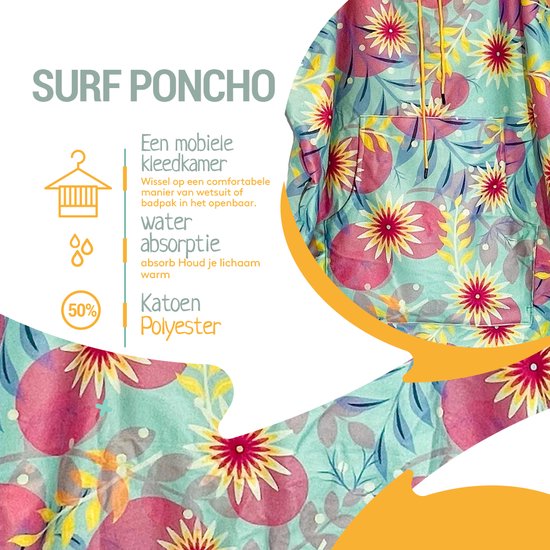 ABSRB Surfponcho Bloemen Volwassenen - Reisponcho met Capuchon - Absorberend - One Size - 100% gerecycleerd polyester - Strandhanddoek, poncho