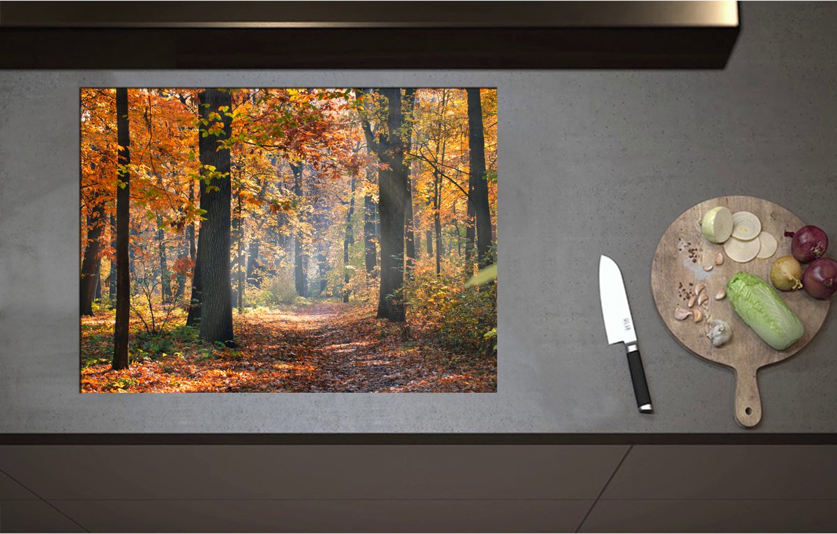 Inductieplaat Beschermer - Bos met Oranje Blaadjes in de Herfst - 75x55 cm - 2 mm Dik - Inductie Beschermer - Bescherming Inductiekookplaat - Kookplaat Beschermer van Wit Vinyl