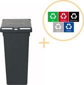 Plafor Fit Bin Prullenbak met Deksel voor Afvalscheiding - 20L – Zwart/Grijs - Inclusief 5-delige Stickerset - Afvalbak voor gemakkelijk Afval Scheiden en Recycling - Afvalemmer - Vuilnisbak voor Huishouden, Keuken en Kantoor - Afvalbakken - Recyclen