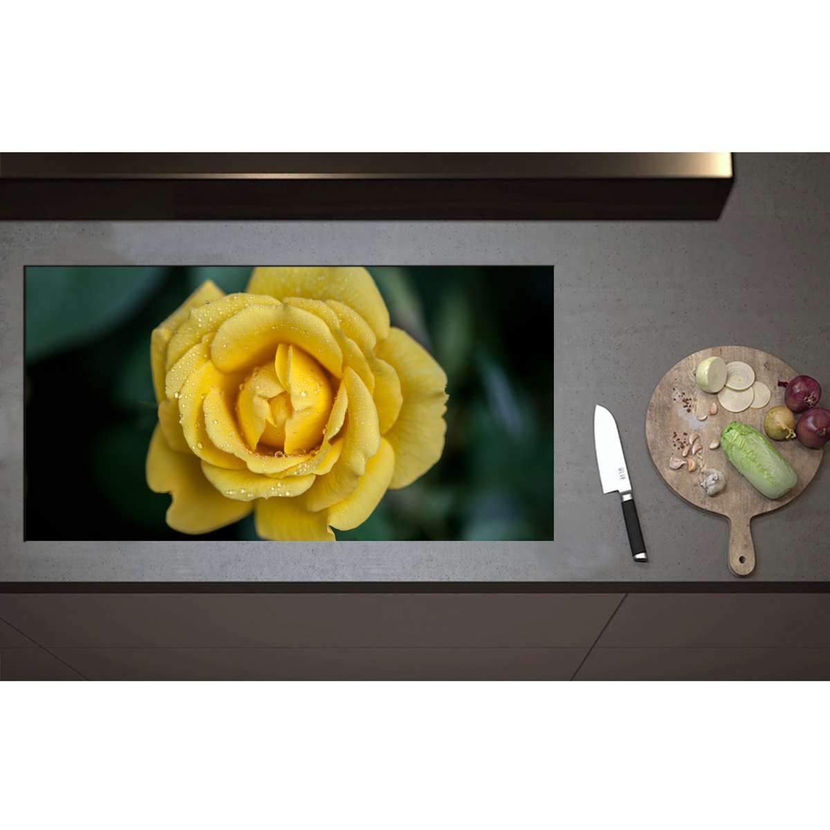 Inductieplaat Beschermer - Bovenaanzicht van Druppels op Gele Landora Roos - 95x50 cm - 2 mm Dik - Inductie Beschermer - Bescherming Inductiekookplaat - Kookplaat Beschermer van Wit Vinyl