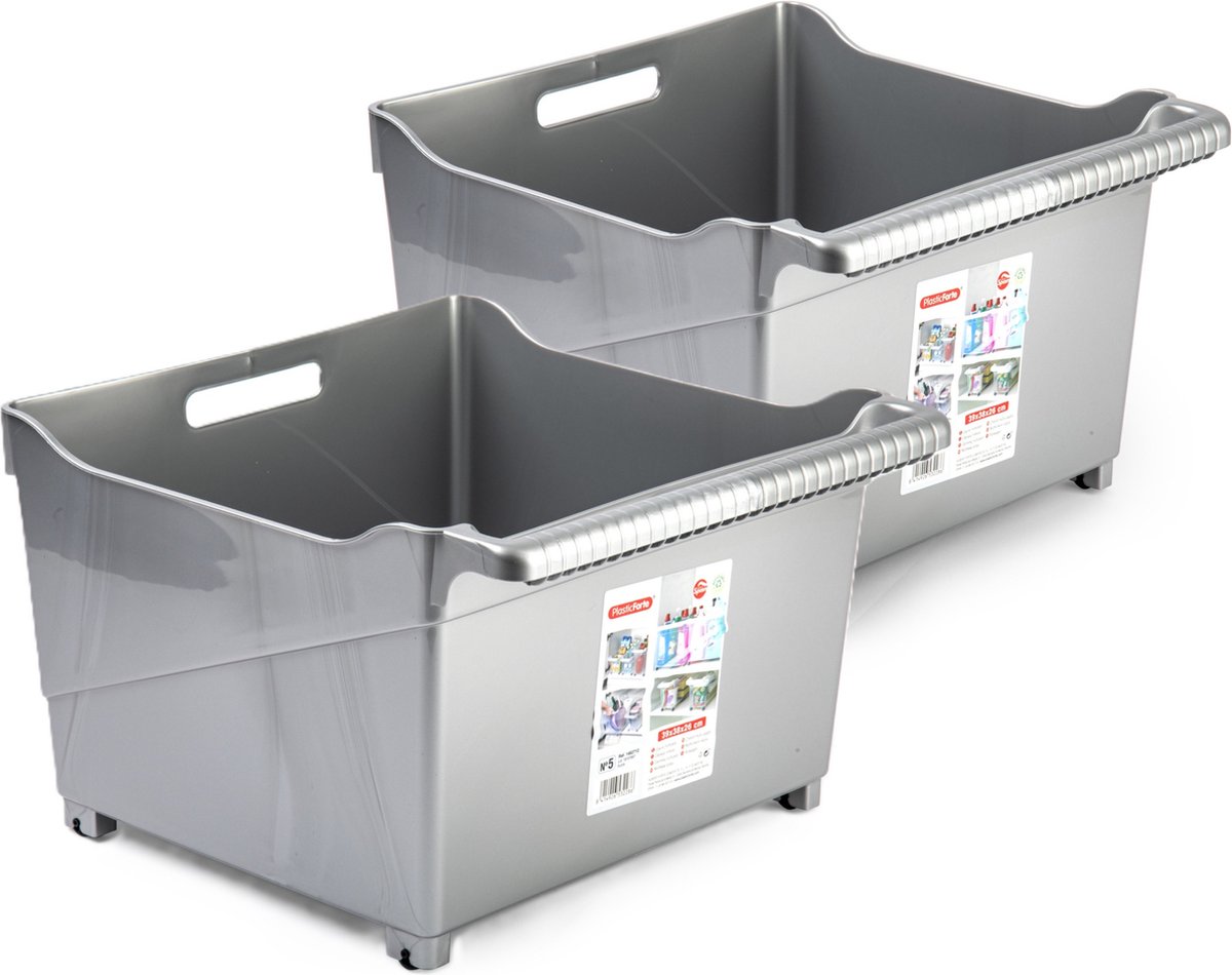 Plasticforte opberg Trolley Container - 2x - zilver - L39 x B38 x H26 cm - kunststof