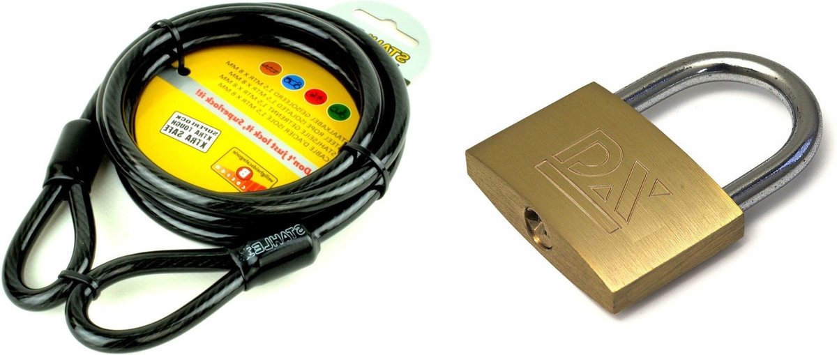 ASF Fischer staalkabel met hangslot 50 mm - kabel geplastificeerd 1.5m x 8 mm - met sleutels - spullen vastzetten - anti diefstal