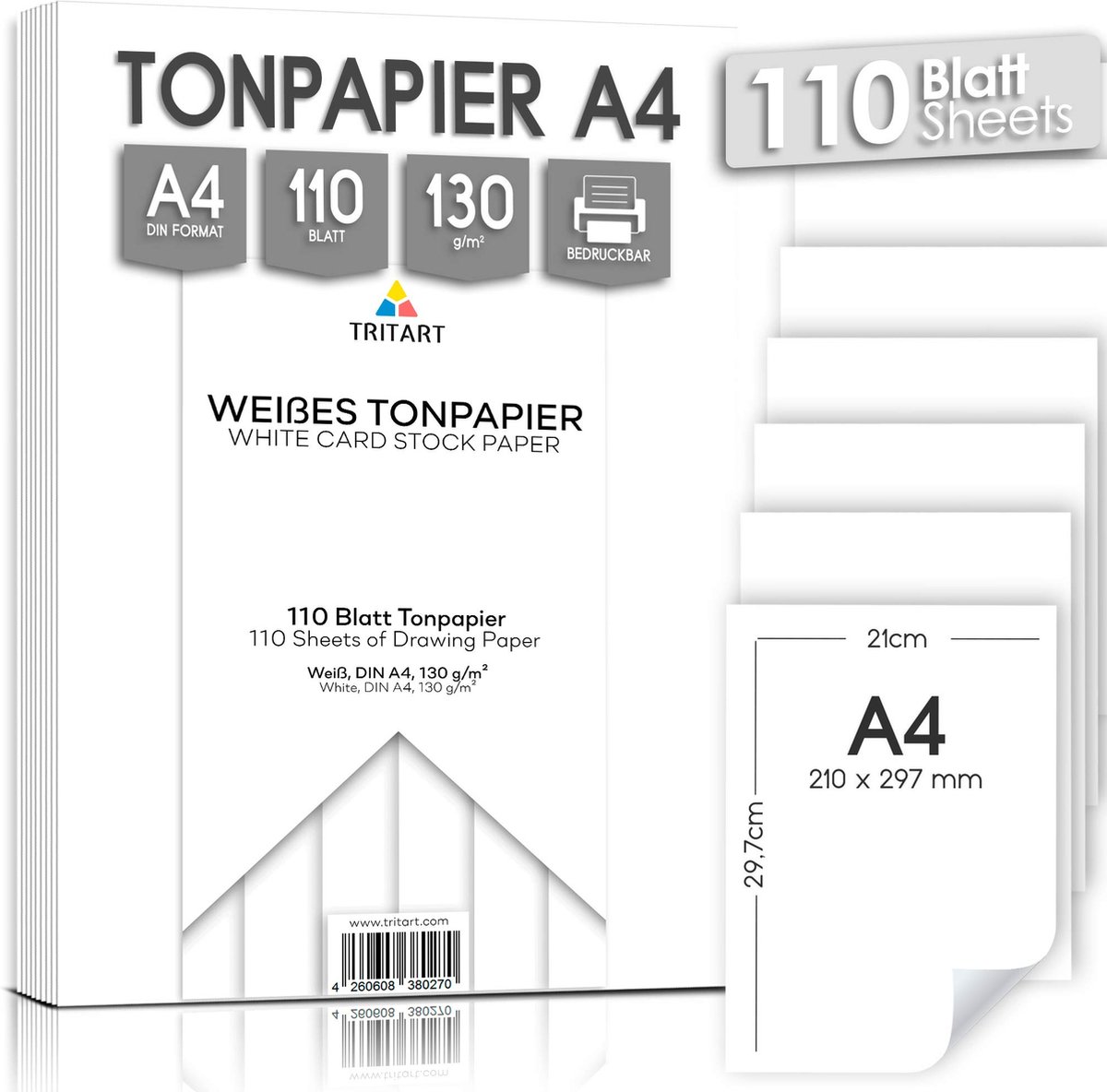 Tritart wit papier A4 130 g m² 110 vellen stevig A4 papier Tekenpapier om te knutselen Karton fotopapier in wit Knutselpapier of printpapier