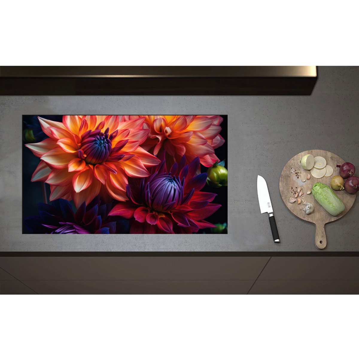 Inductieplaat Beschermer - Boeket van Oranje en Paarse Bloemen - 85x50 cm - 2 mm Dik - Inductie Beschermer - Bescherming Inductiekookplaat - Kookplaat Beschermer van Wit Vinyl