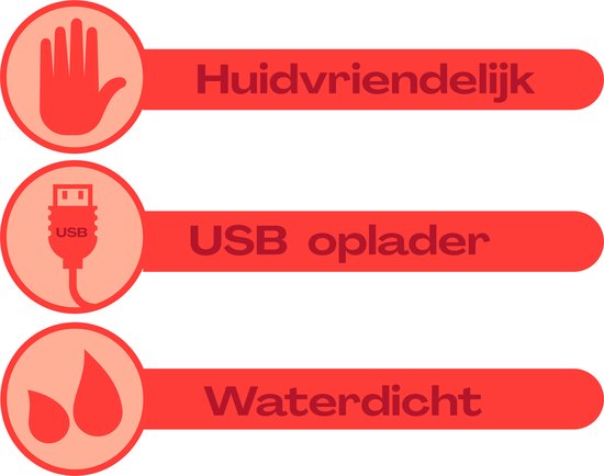 Iconen die huidvriendelijk, USB-oplader en waterdicht aangeven.