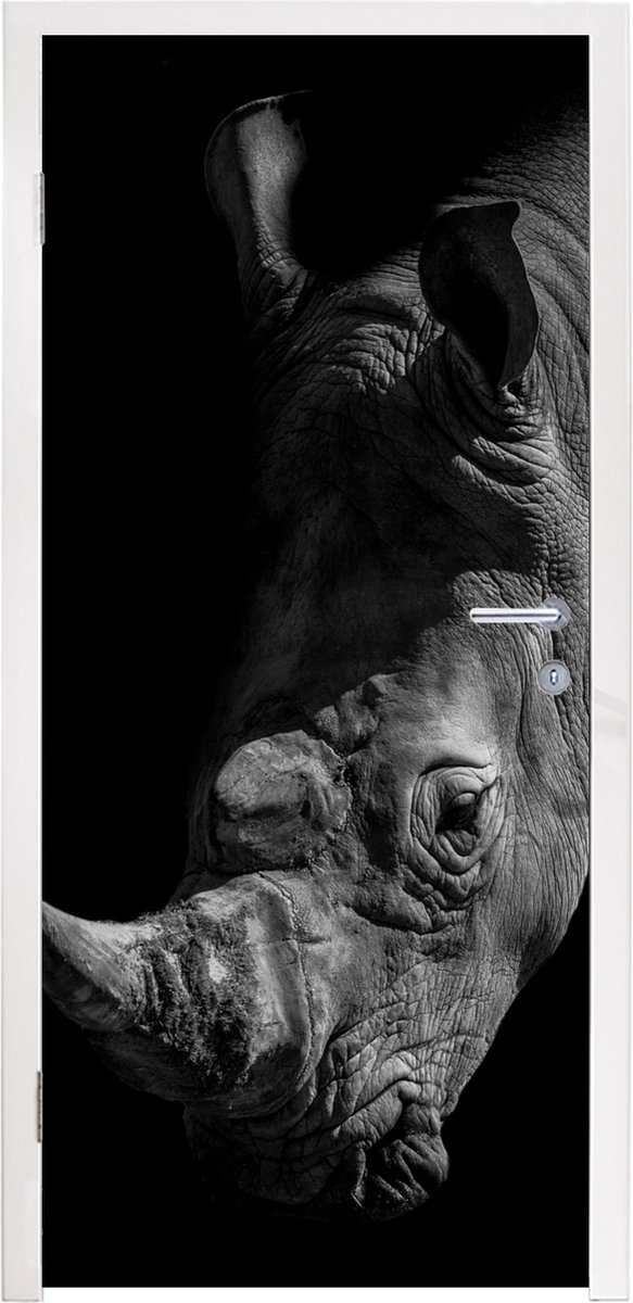 Deurposter 95x215 cm - Deursticker Neushoorn - Wild dier - Portret - Meubelfolie zelfkleve