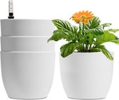 Bloempot, geeft zichzelf water, 15 cm, wit, met waterindicator, set van 4, waterreservoir, plantenbak, voor binnen en buiten