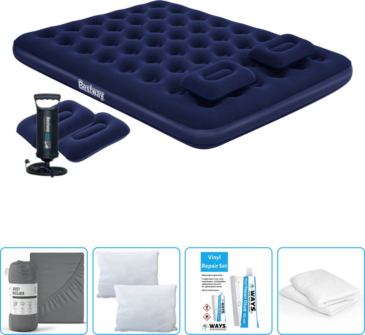 Bestway luchtbed - 2-Persoons - 152 x 203 x 22 cm - Blauw - Inclusief handpomp - kussens - Hoeslaken - Kussen - Kussenbeschermer en Reparatieset