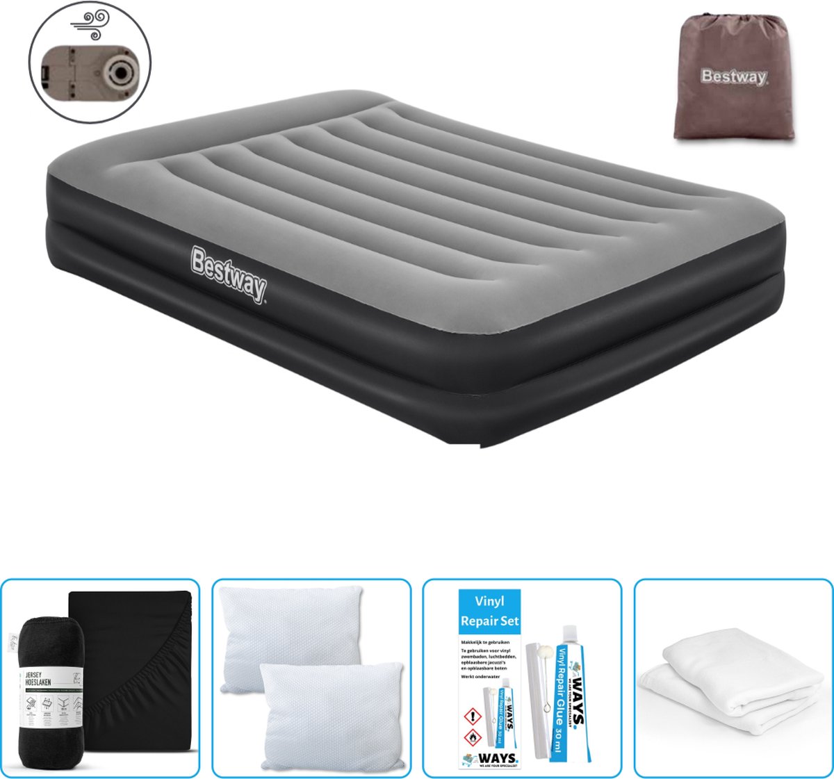Bestway luchtbed - 2-Persoons - 152 x 203 x 46 cm - Grijs - Inclusief pomp - Hoeslaken - Kussen - Kussenbeschermer en Reparatieset