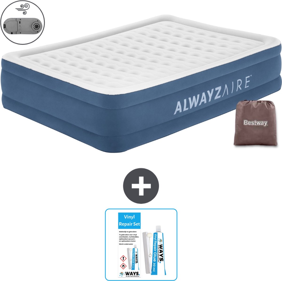 Bestway Alwayszair luchtbed - 2-Persoons - 152 x 203 x 46 cm - Blauw - Inclusief pomp - Reparatieset