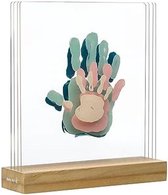Familie Afdrukken Voet/Handafdrukset voor het Gezin, Fotolijst voor Baby's, Kinderen en Ouders, Creatief Cadeau-idee voor Geboorte, Transparant met Houten Sokkel, 20 x 21,6 x 6 cm