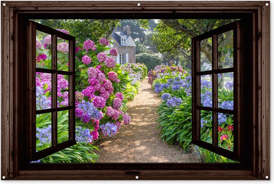 Tuinposter doorkijk bloemen - Donkerbruin raam - Tuindecoratie hortensia - 180x120 cm - Tuinschilderij voor buiten paars - Tuindoek - Wanddecoratie tuin - Schuttingdoek - Balkon decoratie - Muurdecoratie - Buitencanvas tuinversiering