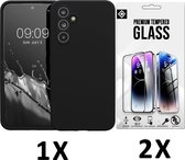 Casemania Hoesje Geschikt voor Samsung Galaxy A35 - Zwart & 2X Glazen Screenprotector - Liquid Siliconen Back Cover