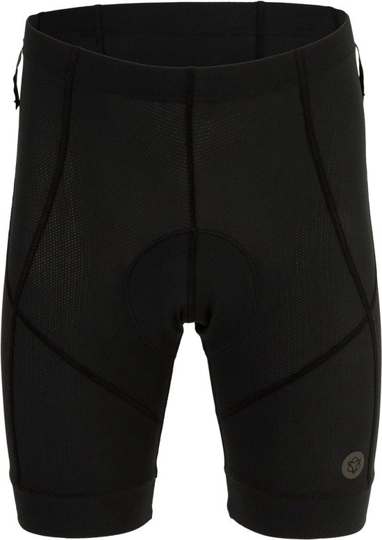 Zwarte fietsbroek voor dames met een honingraatpatroon en een grijze branding op de linkerpijp.