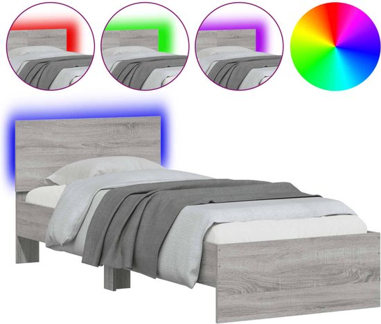 vidaXL - Bedframe - met - hoofdbord - en - LED - grijs - sonoma - eikenkleur - 75x190 - cm