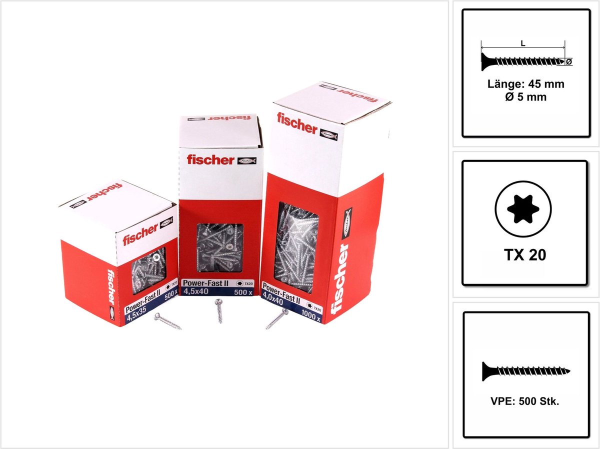 Fischer 500x Power-Fast II FPF II CTF 5 x 45 mm BC verzonken kop met binnenster TX20 volledig schroefdraad galvanisch verzinkt blauw gepassiveerd - 670357