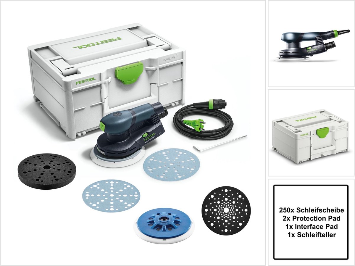 Festool ETS EC150/3 EQ-Plus excenterschuurmachine 400 W 150 mm borstelloos + 250x schuurschijven + 2x beschermpad + steunschijf + schuurschijf + systainer