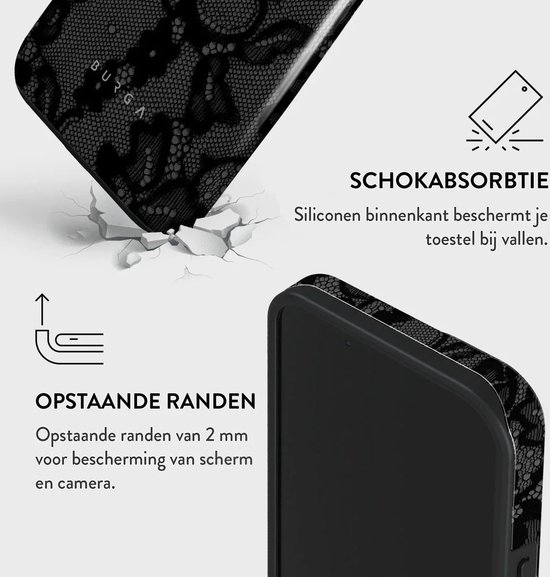 Zwarte Burga telefoonhoes met kanten patroon en schokabsorberende siliconen randen.