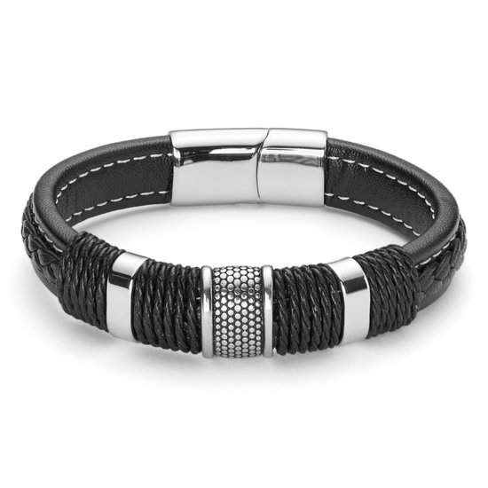 Lucleon - Icon - Armband voor heren van zwart leer en zilverkleurig roestvrij staal