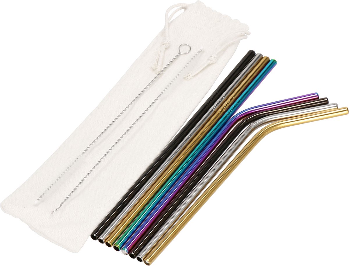 Springos Metalen Rietjes Herbruikbaar RVS Inclusief Etui & Reinigingsborstels 8 Stuks Multicolor